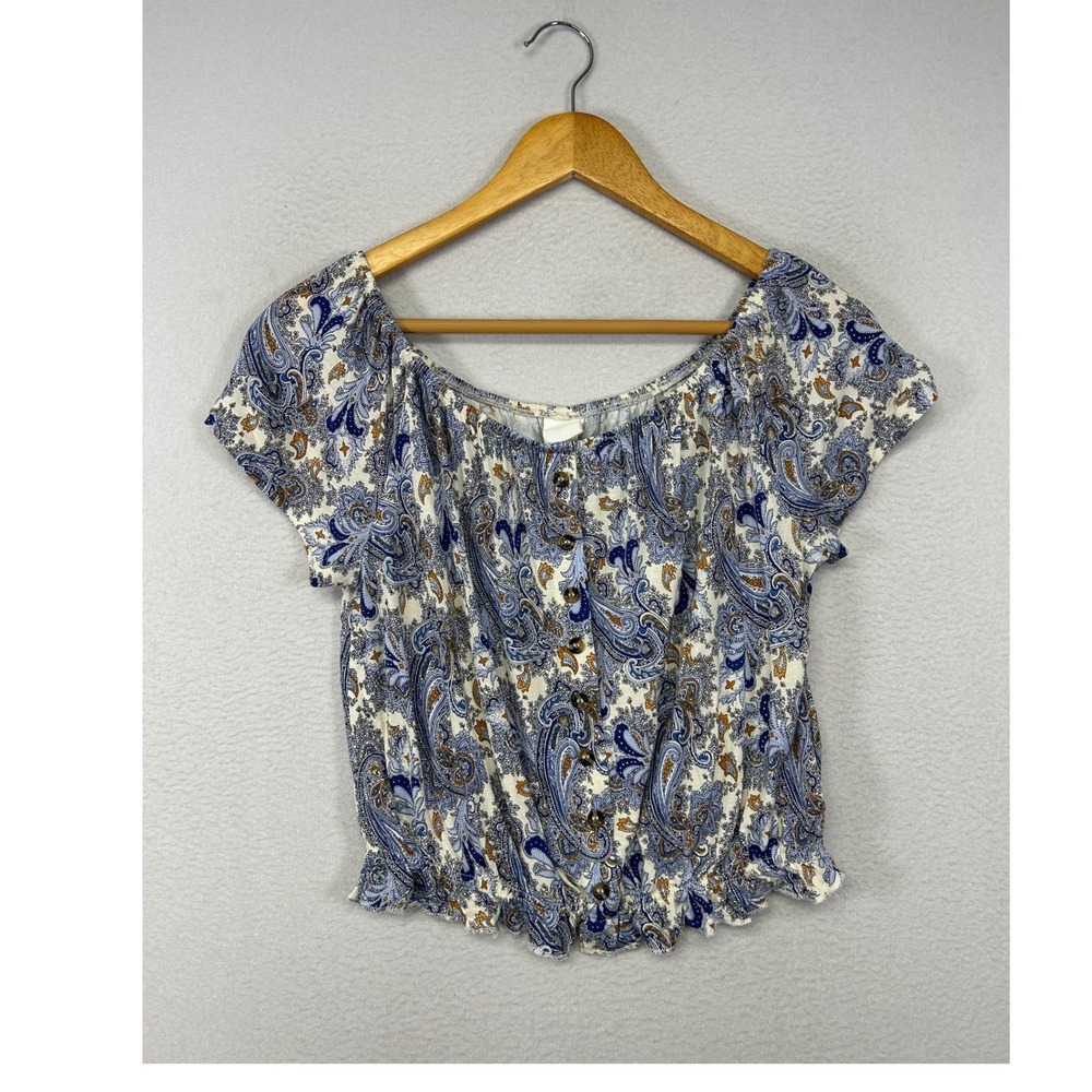 Boho Cottagecore H&M Womens Size S Blue Paisley Smocked Button Front Crop Top‎